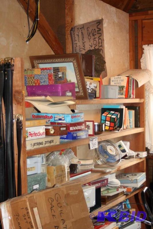 lot 205 image: Shelf Lot Including Contents of All Shelves String Zither Books Fans And More.