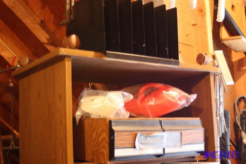 lot 208 image: Shelf Lot Including Wooden Shelf Model 170 File Caddy Clothes Also Includes Contents AboveShelf.