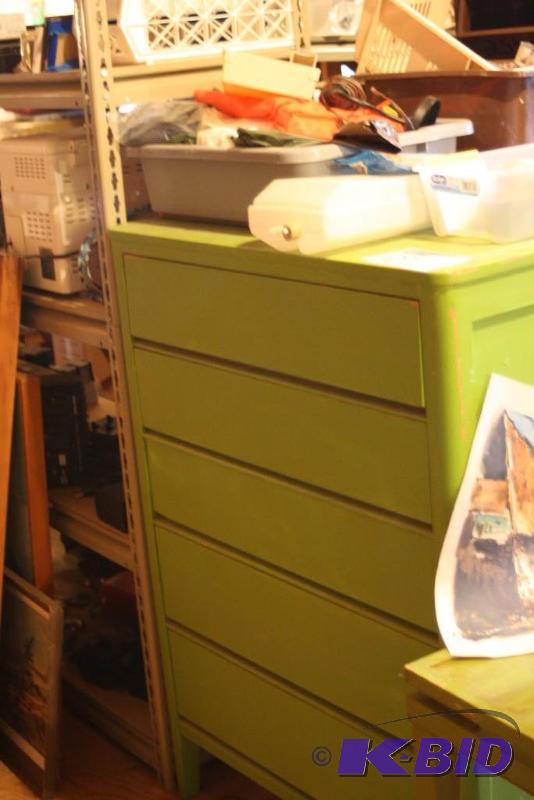 lot 211 image: (2) Wooden Dresser, Green, 17 x 32 x 43 Side Table, 19 x 19 x 25 And More.