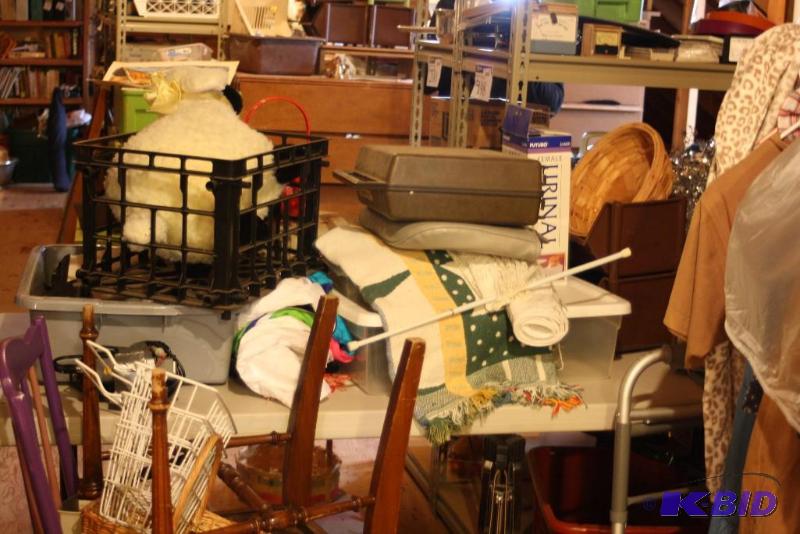 lot 213 image: Table Lot Including Wooden Dresser wMirror & Drawers Miscellaneous Electronics Brief Case More