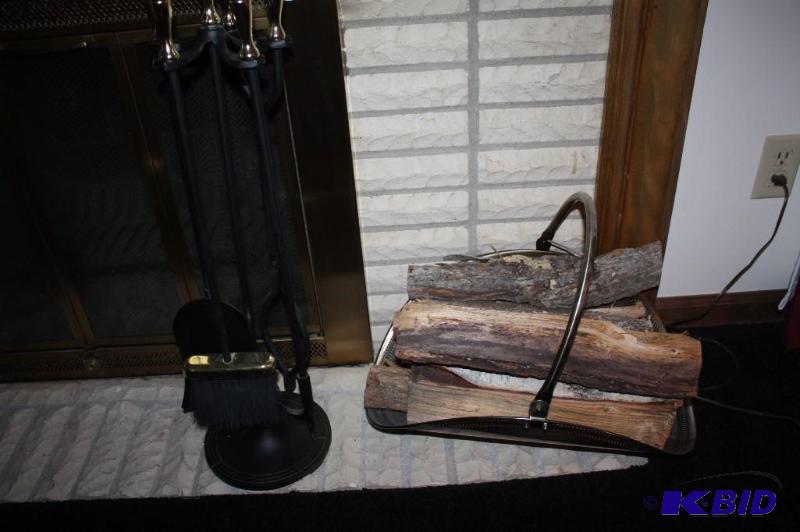 lot 222 image: Fireplace Set Including Ash Poker Set & Holder, Logs wCarrying Basket, And More.