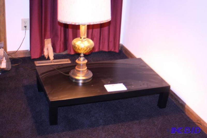 lot 223 image: (2) Ornamental Lamp wWhite Shade, Decorative Base, Low Wooden Table, 35.5 x 20 x 8.