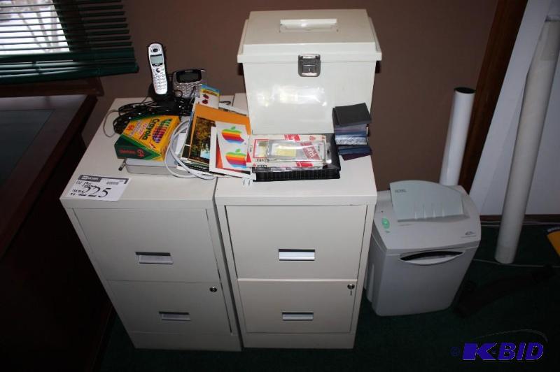 lot 225 image: (2) Filing Cabinets, White, 2 Drawers, Handles, 15 x 18 x 29 Includes Contents And Items Above.