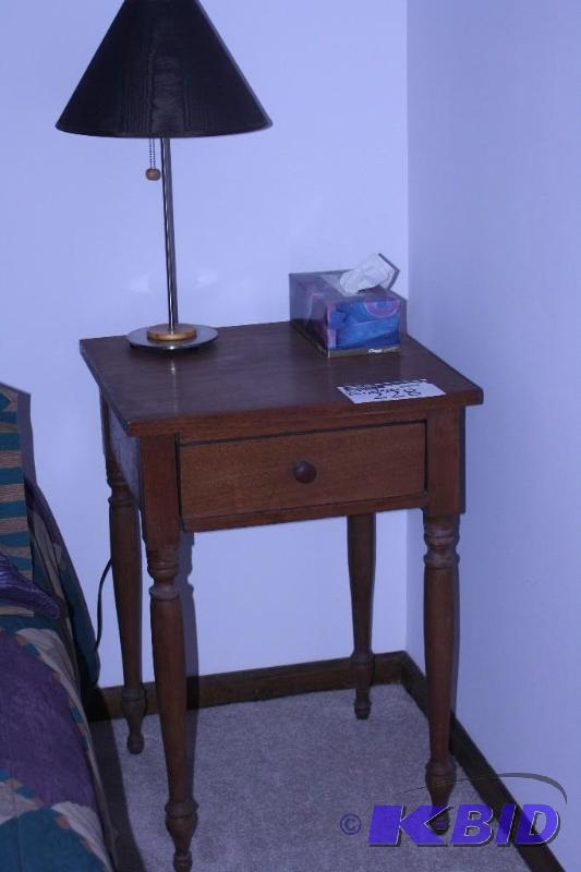 lot 228 image: (2) Wooden End Table wDrawer, 20.5 x 20 x 29.5 Metal Lamp wMesh Style Shade.