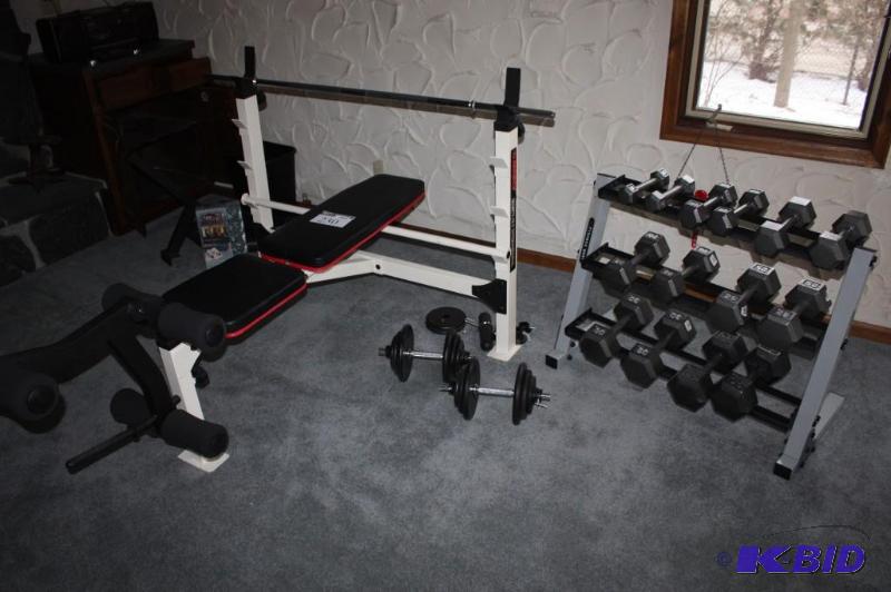 lot 230 image: (2) Marcy Oly International Fitness Bench wBar & Leg Lift Weight Set wStand, 14 Free Weights.