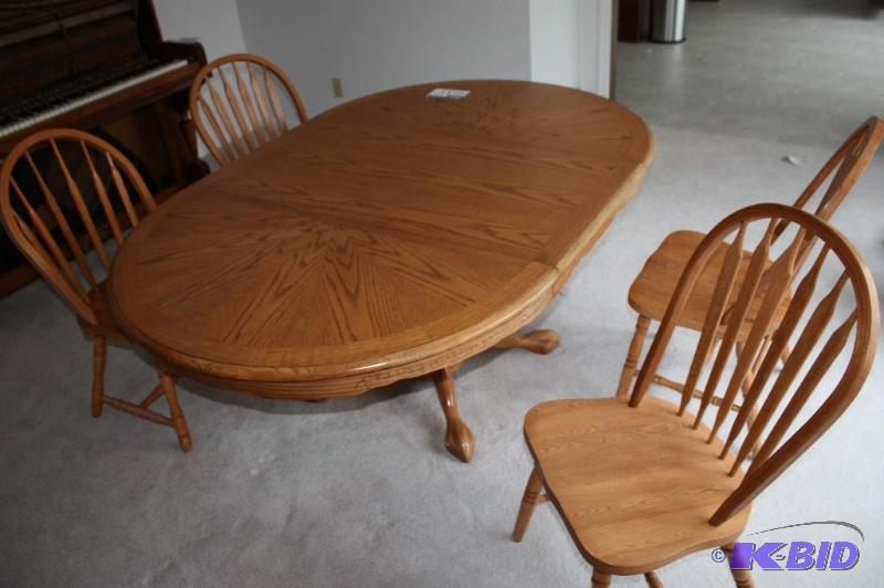 lot 233 image: (5) Circular Wooden Table wInsert, 71 x 48 x 29 Wooden Chairs, Back Spindles, app. 4 ct.