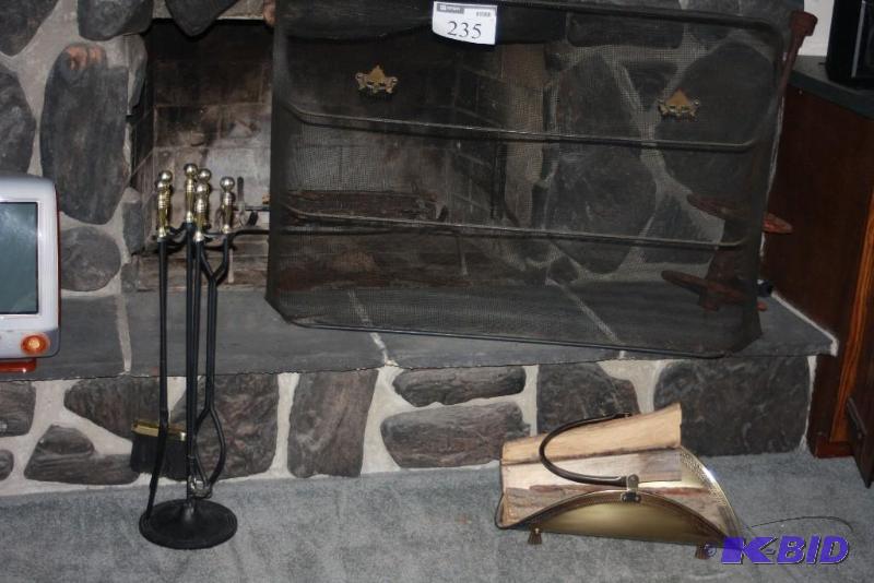 lot 235 image: Fireplace Set Including Ash Poker Set & Holder, Logs wCarrying Basket, And More.