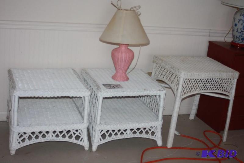 lot 245 image: (4) Patio Furniture Including Short End Tables, 21 x21 x 18.5, app. 2 ct Tall End Table Lamp.