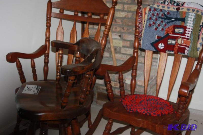 lot 246 image: (3) Wooden Chairs wSpindle Backing & Arm Rests.
