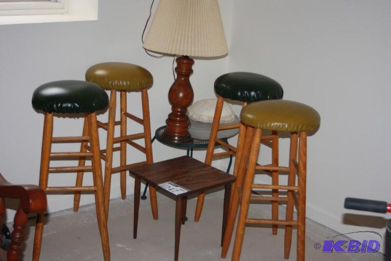 lot 247 image: (7) Including Wooden Bar Stools Lamp wBeige Shade Side Table And More.