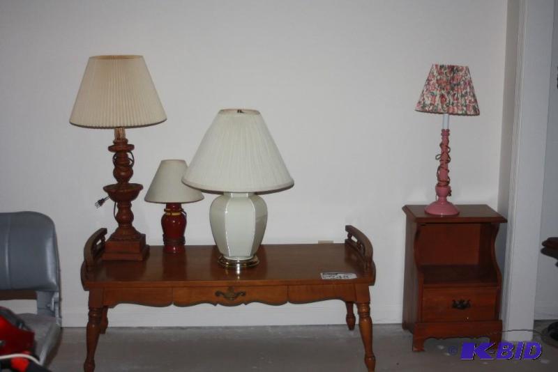 lot 248 image: (6) Including Decorative Lamps, app. 4 ct Wooden Tables 16 x 13 x 23 46 x 21 x 19.5.