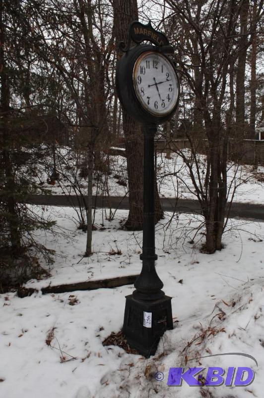 lot 256 image: Standing Clock wLettering Marfield Above White Clock Face Metal Pole 121 Height.