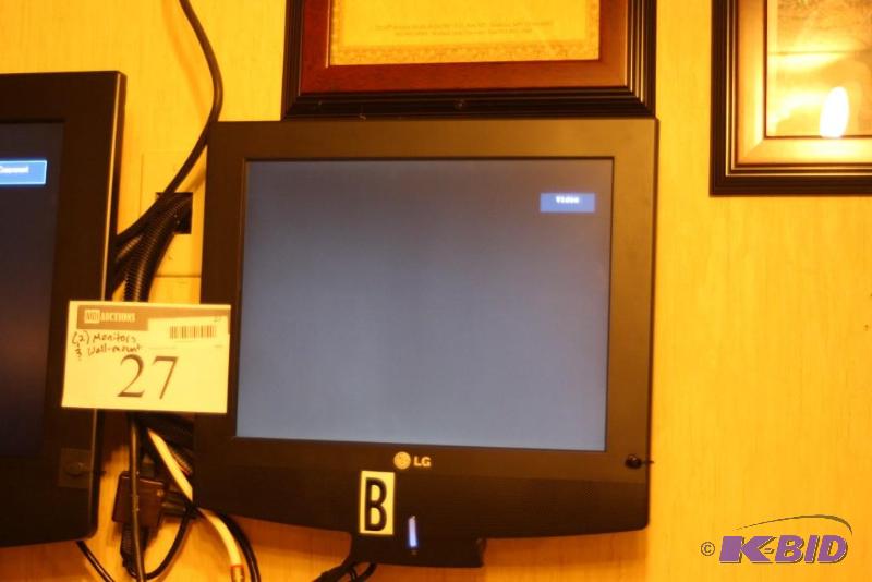 lot 27 image: Lot of (2) Flat Screen LG Monitors & Wall Mounts Requires Tools For Removal.