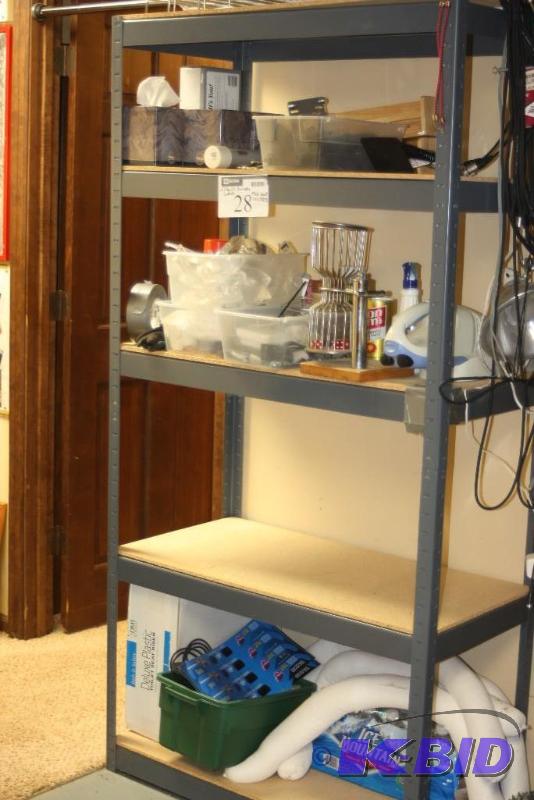 lot 28 image: Lot of (3) Shelves, 36 x 18 x 72 Including Contents Cooler, Electric Cables, Dice Roller.