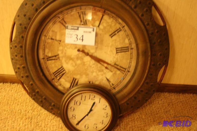 lot 34 image: Lot of (2) Decorative Clocks Small Clock, Circular Frame Large Ornate Clock, Rustic Face.