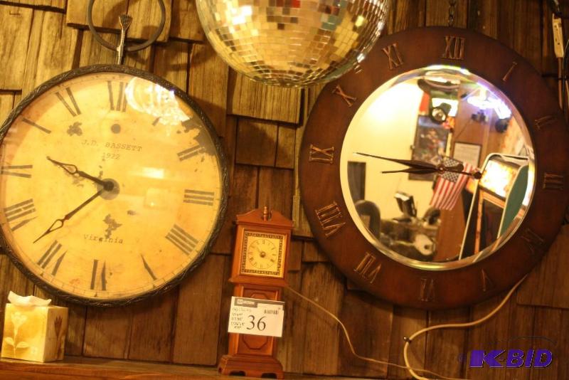 lot 36 image: (3) Decorative Clocks Including Mini Grandfather Clock J.D. Bassett Clock Mirror Clock.
