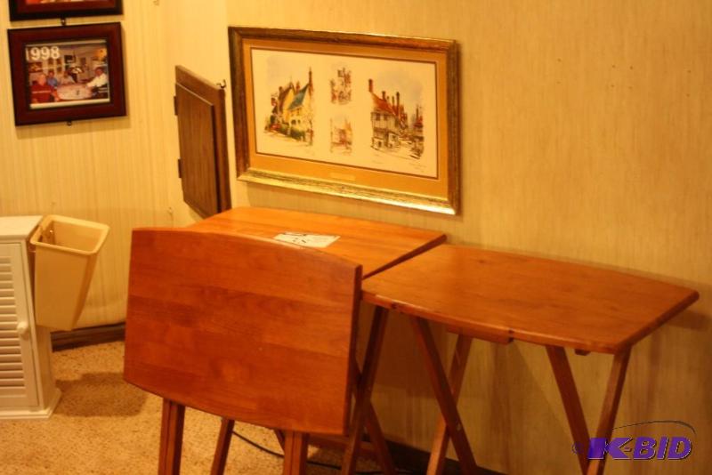 lot 38 image: (4) Wooden Folding Eating TablesTrays & Picture In Frame.