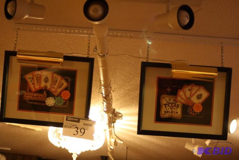 lot 39 image: (2) Hanging Framed Poker Chip Prints wBrass Lighting 15 x 12. Requires Tools For Removal.