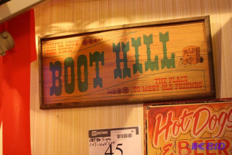 lot 45 image: (7) Decorative Signs Boot Hill Hot Dogs & Beer Clown And More.