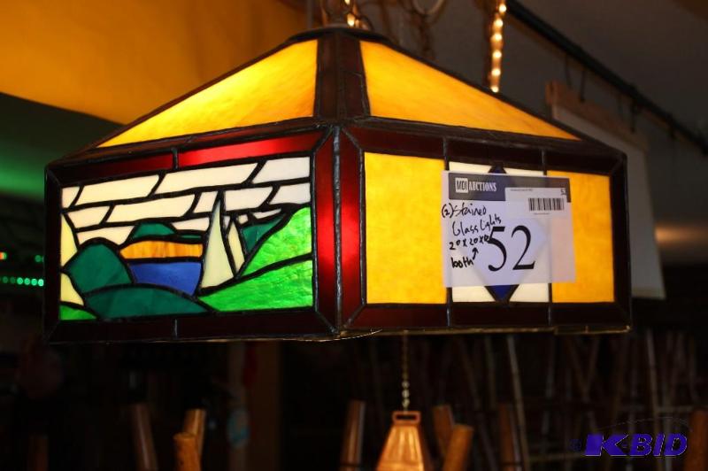 lot 52 image: (2) Stained Glass Overhanging Lights Sail-Boat Scene May Require Tools For Removal.
