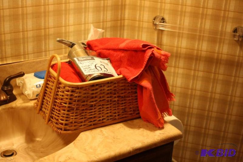 lot 63 image: (4) Toiletries Lot Including Metal Soap Dispenser Hand Towels Wicker Basket And More.