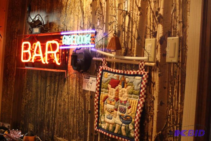 lot 67 image: (4) Including Neon Bar Signs, Quilted Wall Hanging Cow Bell And More.
