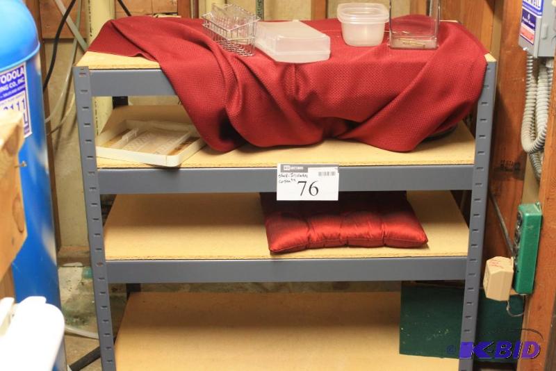 lot 76 image: Shelf Lot Including Metal Shelving Unit Red Fabric Red Pillow And More.
