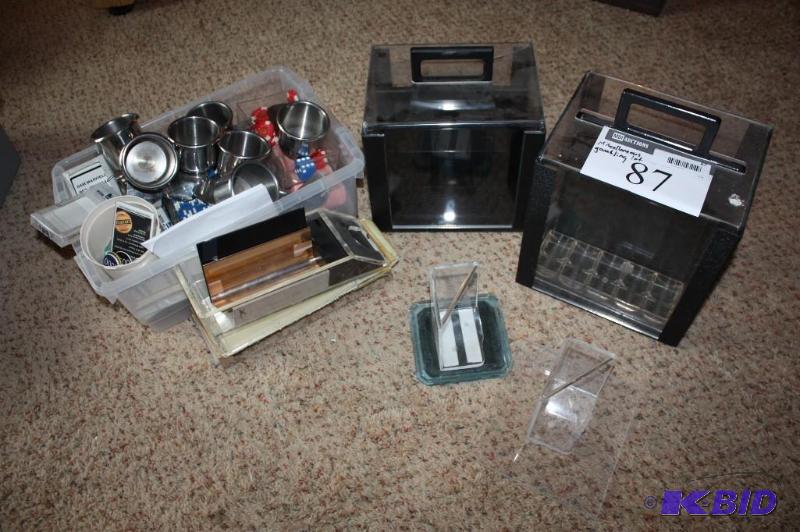 lot 87 image: Miscellaneous Gambling Lot Including Poker Chips Money Boxes Metal Cups wHandles And More.