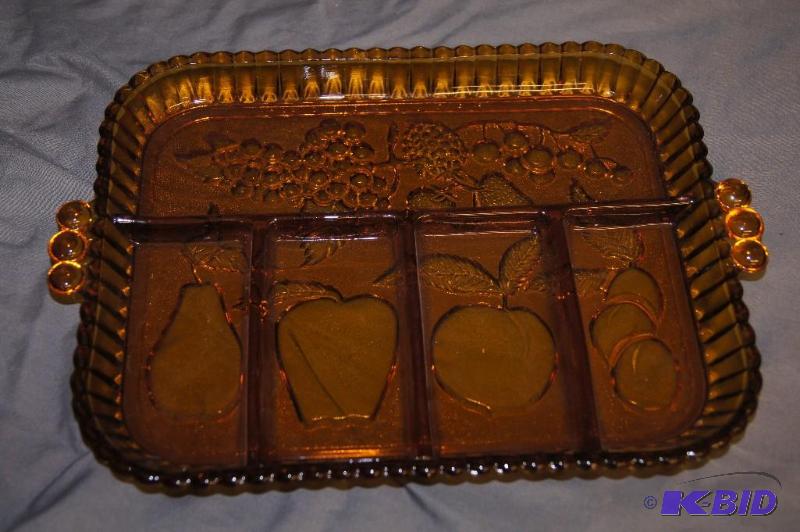 Heavy Amber Glass Platter with Divider Wells
