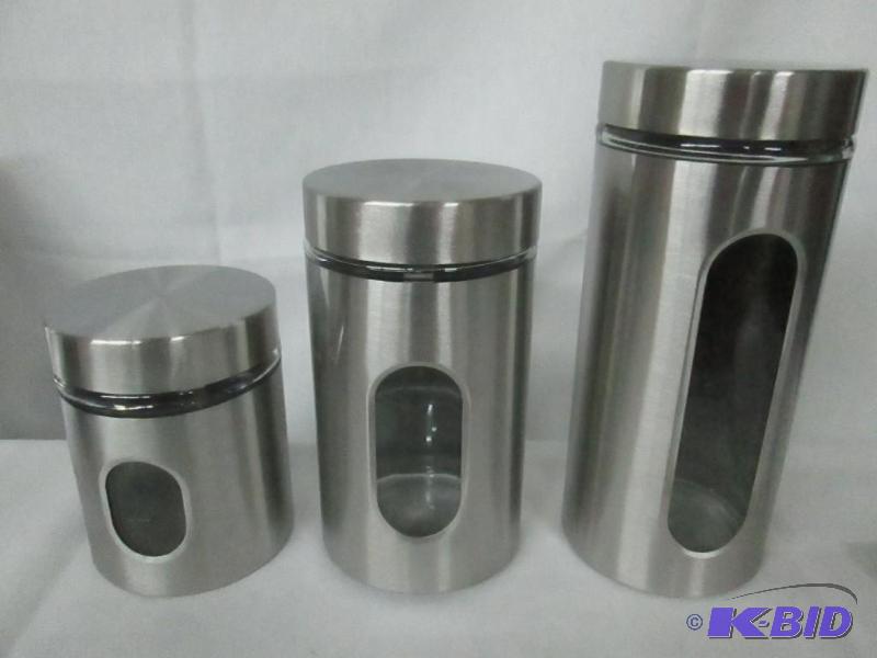lot 35 image: Metal Canisters with Glass Windows - Set of 3
