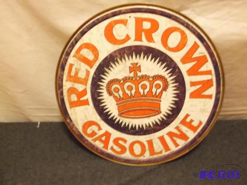 lot 24 image: Collectable metal Red Crown Gasoline sign mea...