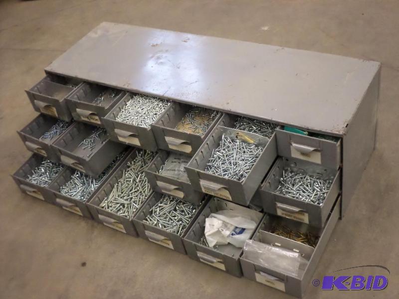 18-Drawer Steel Parts Bin FULL Of Various Scr...