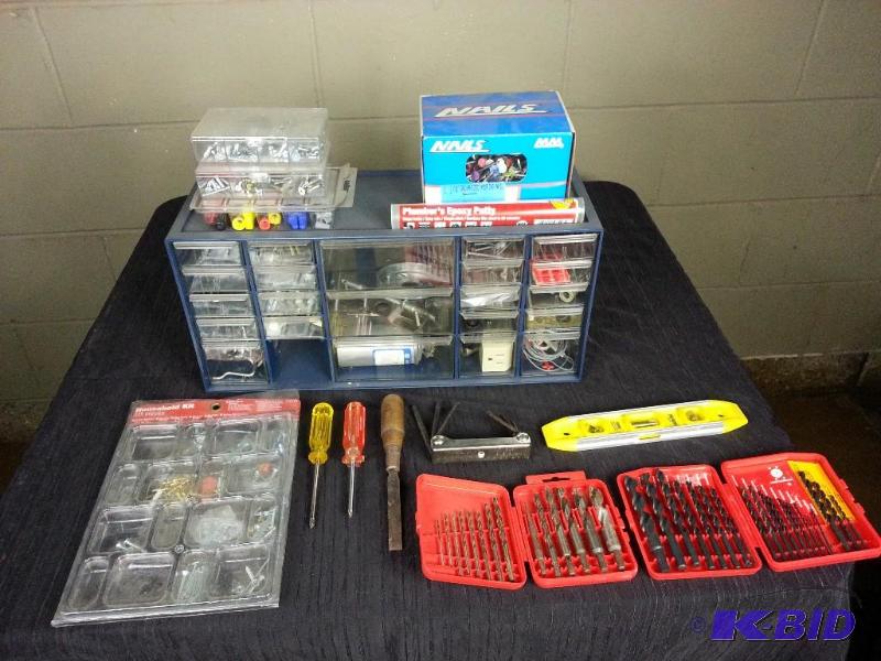 lot 110 image: Fastener Organizer, Nails, Screws,Tools, Drill Bits, Etc
