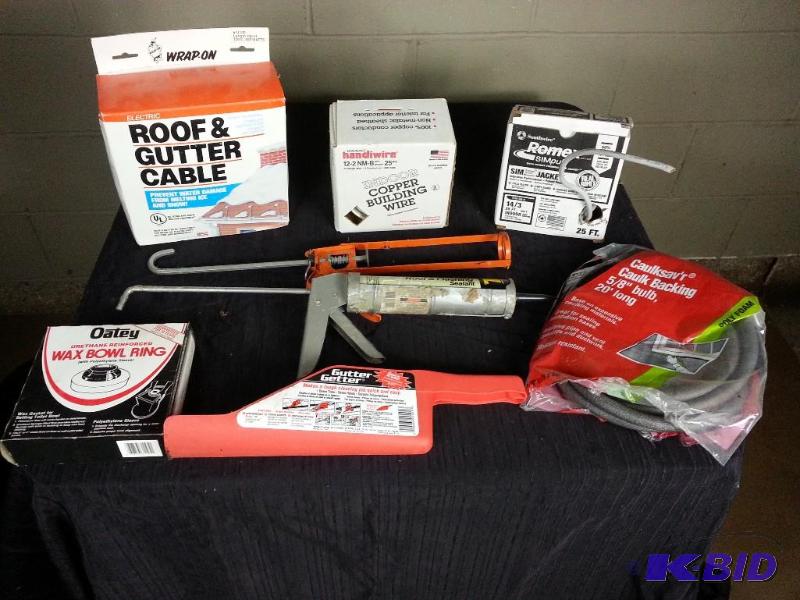 lot 116 image: Miscellaneous Garage Lot Copper Wiring, Roof & Gutter Cable, Caulkers, Etc.