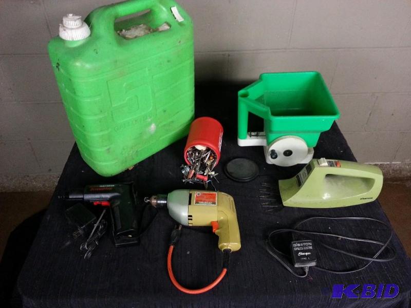 lot 120 image: Hand Seeder, 5 Gallon Water Can, Electric Screwdriver, Vintage Drill, Vintage Grass Shear, Nails
