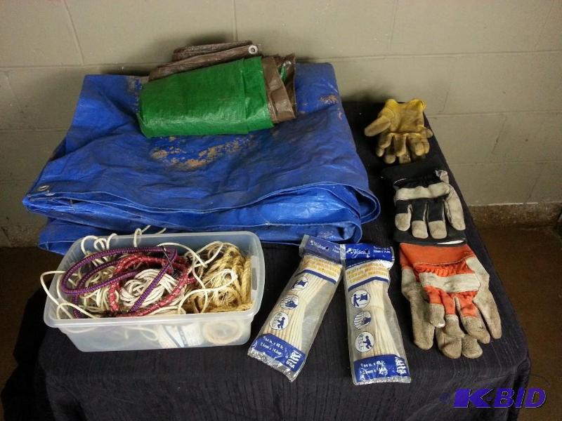 lot 121 image: (2) Tarps, (3) Pair Large Mens Work Gloves, Rope, Twine, Bungee