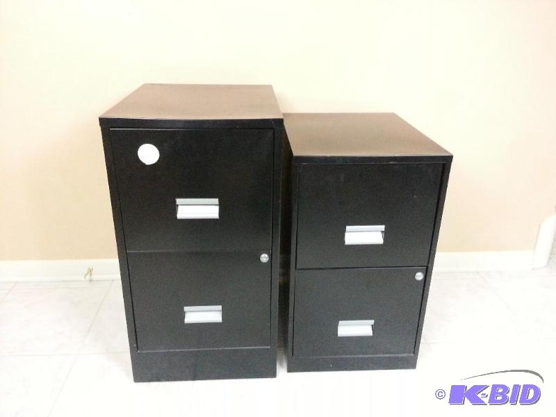 lot 14 image: Lot of (2) Two Drawer Black Filing Cabinets