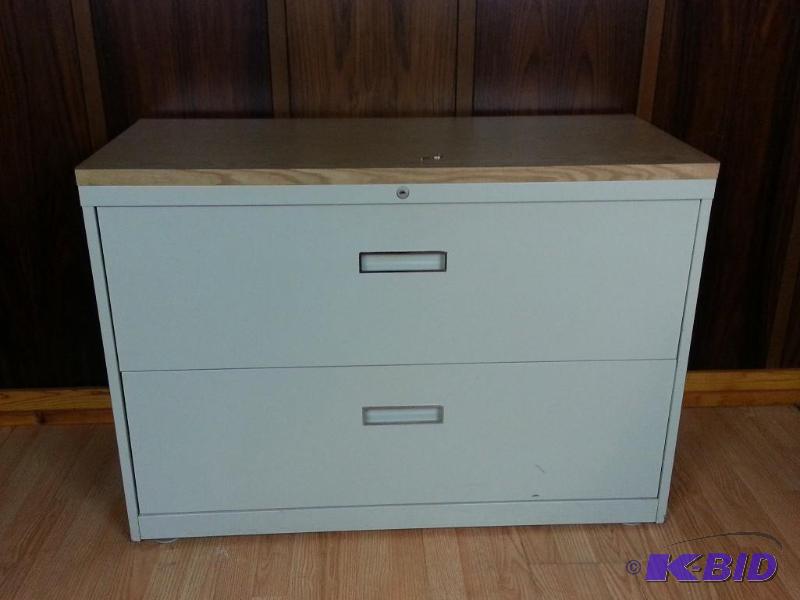 lot 16 image: Quality Two Door Filing Cabinet w Wood Laminate Top & Key