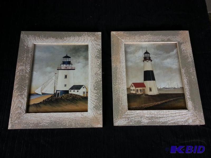 lot 40 image: Lighthouse Prints in Distressed Wood Frames