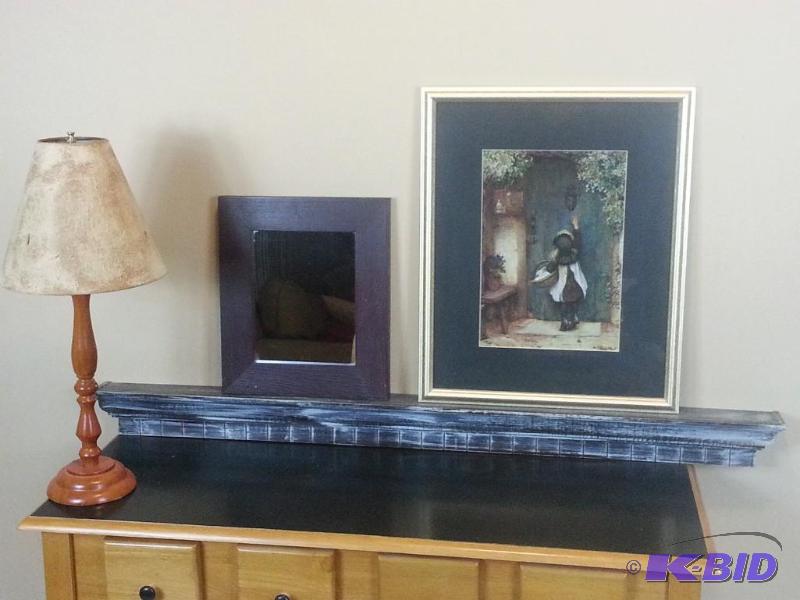 lot 42 image: Lot of (4) Accent Decor Pieces Table Lamp, Framed Print, Framed Mirror, and Distressed Wall Shelf