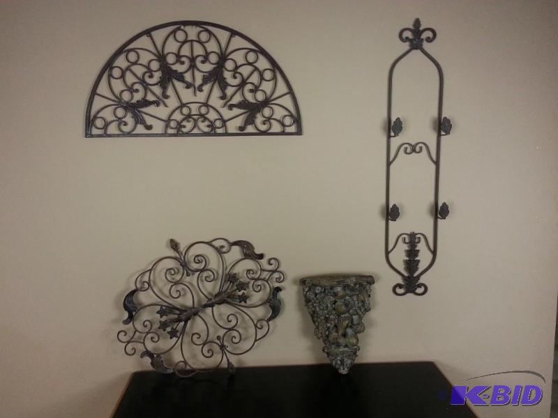 lot 43 image: Lot of (4) Accent Decor Pieces (3) Wrought Iron Pieces  (1) Wall Shelf