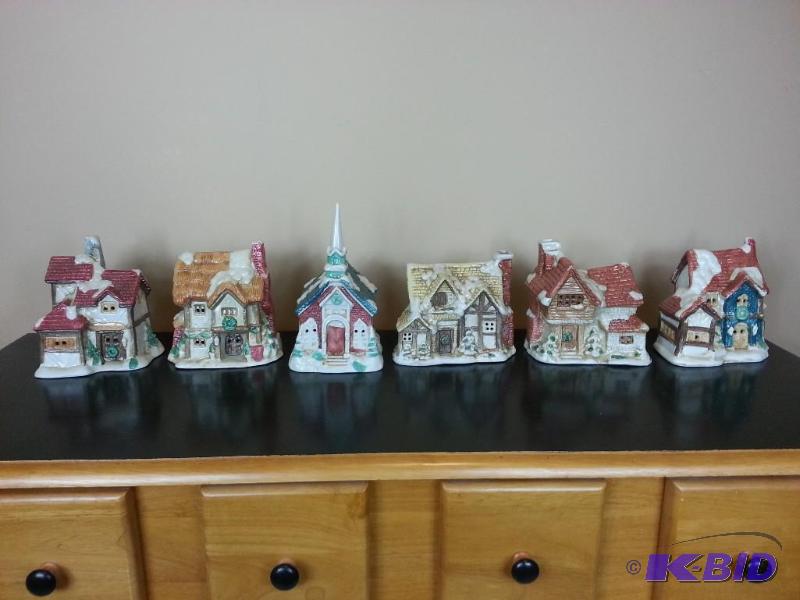 lot 63 image: Lot of (6) Lighted Christmas Village Pieces  Snow  Tote