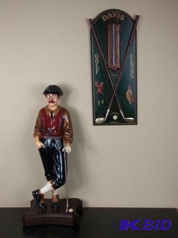 lot 65 image: Vintage Looking Floor Golfer Statue  Vintage Looking Golf Club Wall Thermometer Set