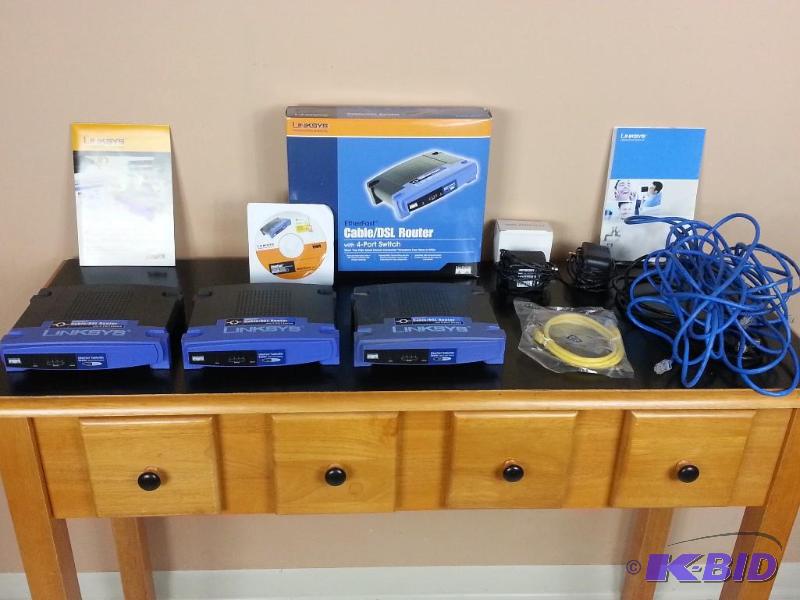 lot 72 image: Lot of (3) Linksys EtherFast CableDSL Routers w 4-Port Switches  Internet CAT5 Cables