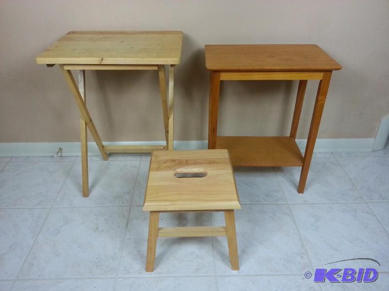 lot 83 image: Lot of (3) Wood End Tables & Footstool