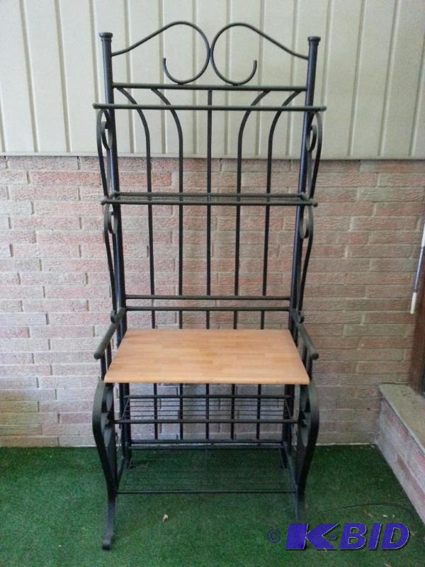 lot 9 image: Wrought Iron Bakers Rack w a Wood Slab Counter