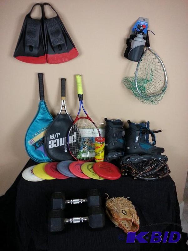 lot 96 image: Sporting Goods Lot K2 Rollerblades (11.5)  Tennis Rackets  Disc Golf  Baseball Gloves  More
