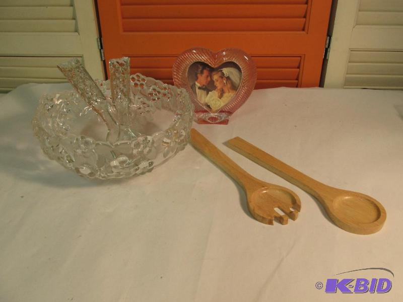 lot 145 image: Beautiful Dimensional Bowl, Crystal Heart Shaped Frame, 2 pair Salad Servers (Crystal, Wood)