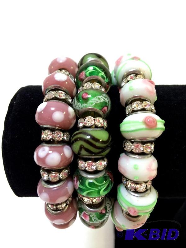 lot 17 image: Lot of 3 Fabulous  Bracelets Hand blown art  glass beads w Rhinestone Spacers