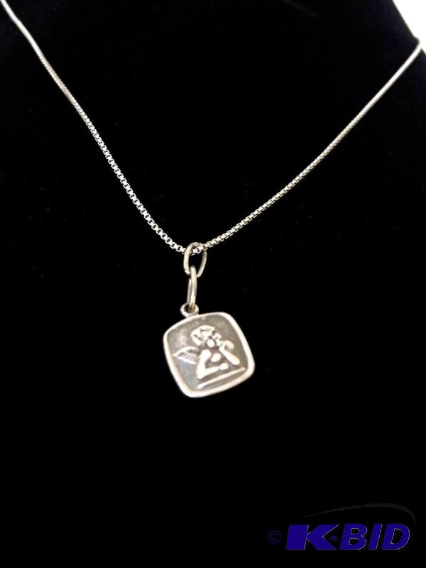 lot 6 image: Sterling Cherub Pendant (38 square) on 18 box chain  total wt. 3.0 g